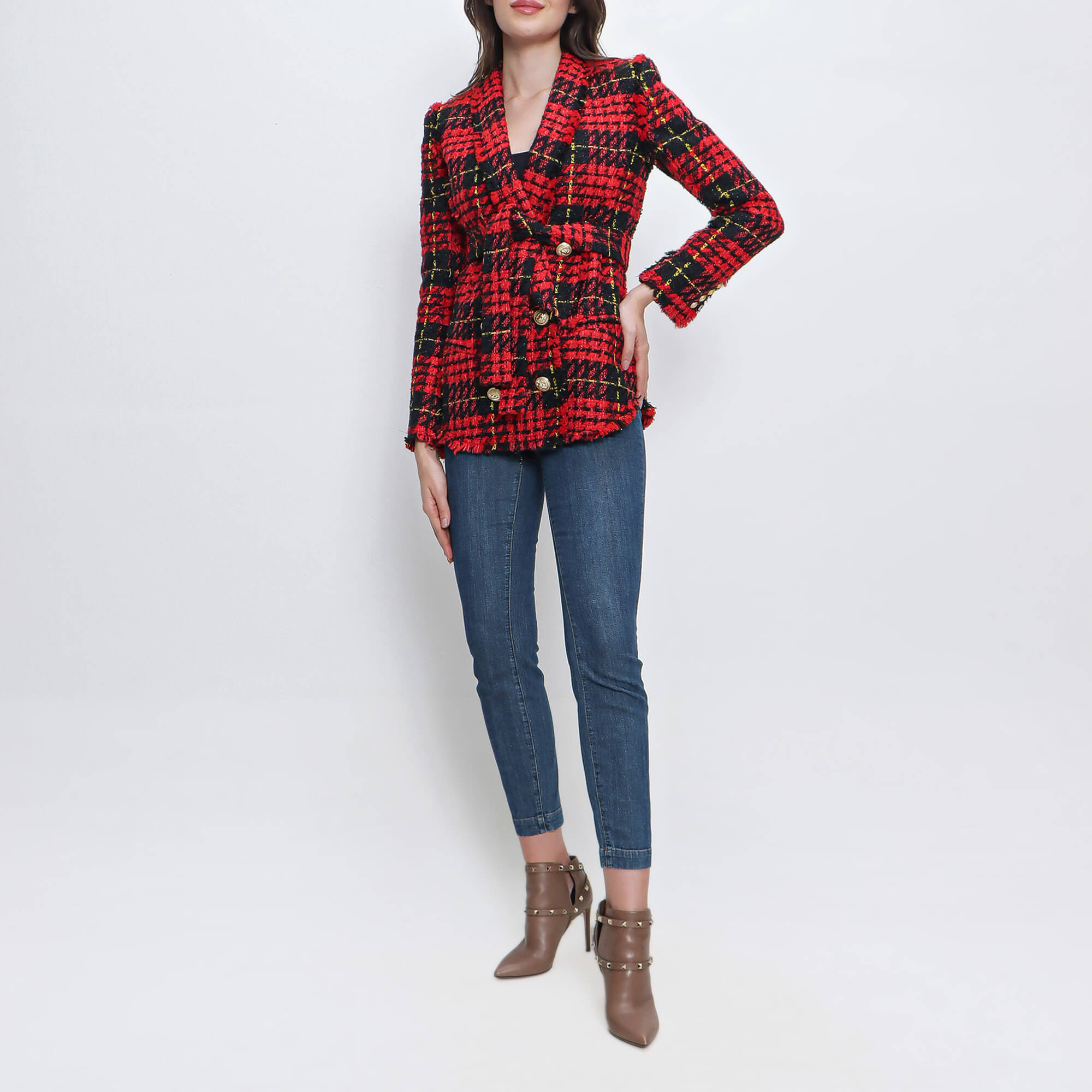 Balmain - Red Tartan Tweed Blazer Jacket